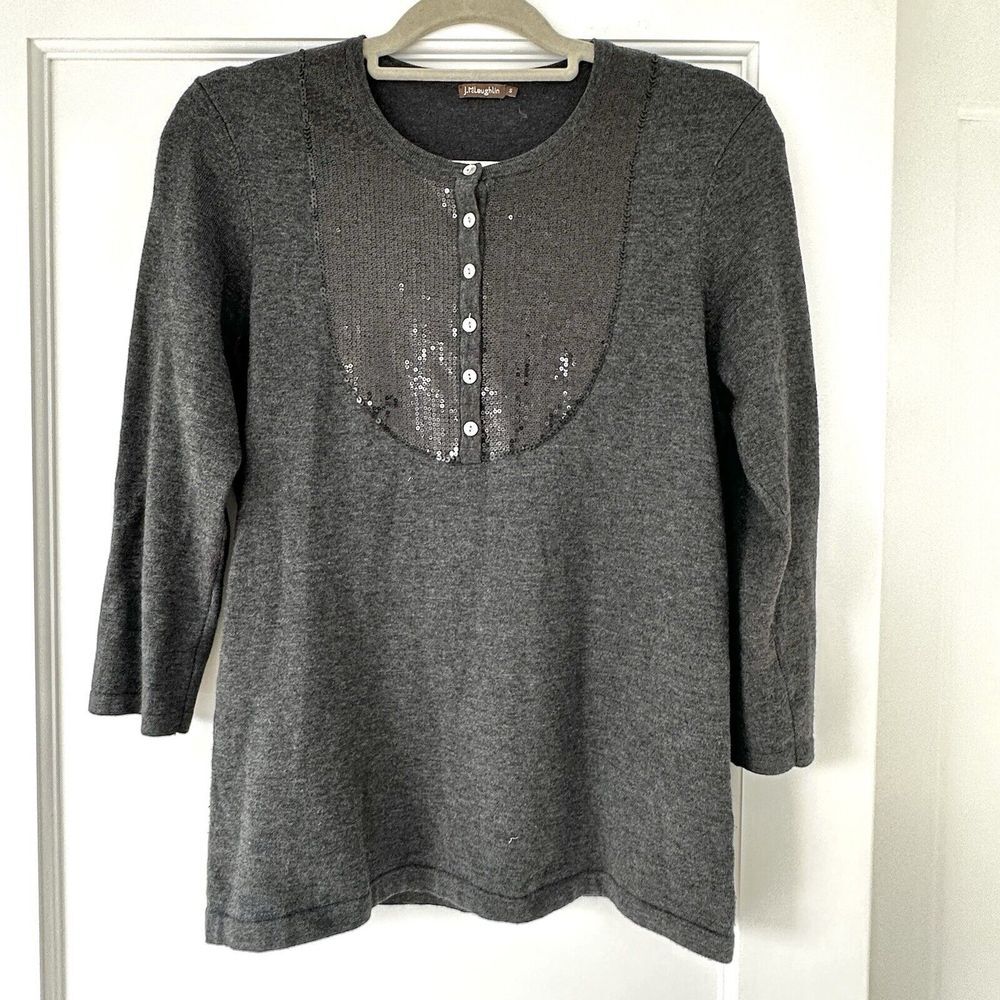 J. McLaughlin Small Charcoal Gray Black Sequin 3/4‎ Sleeve Henley Light Sweater
